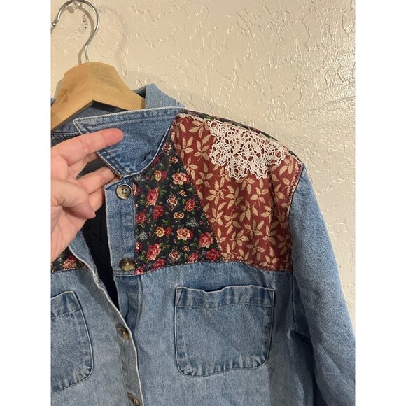 Blue Denim Jean Patchwork 90’s Floral Lace Jacket - Picture 7 of 10